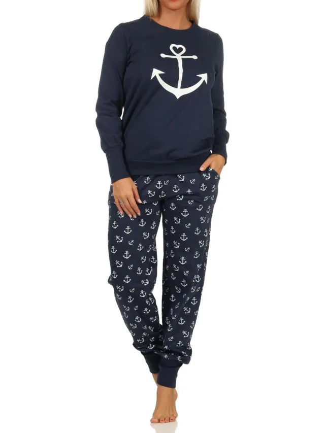 Normann Damespyjama met manchetten in maritieme look met ankermotief -212 90 910 marine