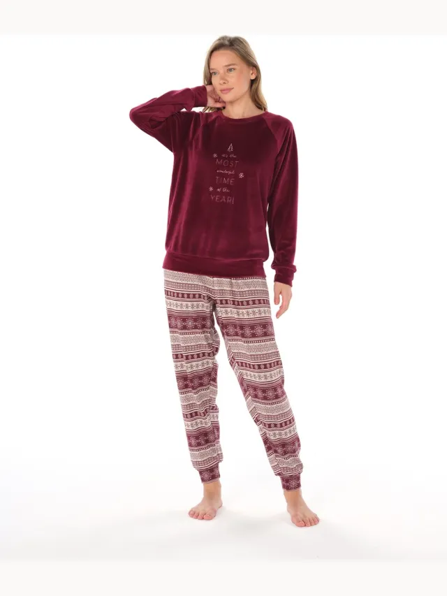 Feyza Fluwelen Dames Pyjama Set, Lange Mouwen bordeaux