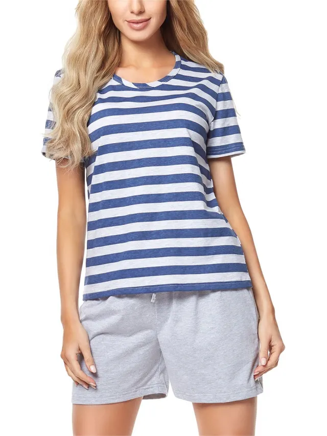 Merry Style MS-MS10-216-PJ Dames Pyjama - ronde hals - korte mouwen - korte broek zonder zakken - Katoen - Amarant/Grijs – Melange/jeans