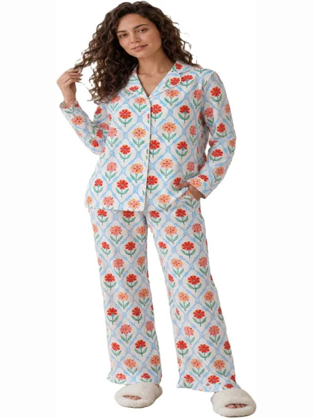 Imily Bela Dames Tweedelige Pyjamaset met Bloemenprint, Reverskraag en Lange Broek roze met bloemen