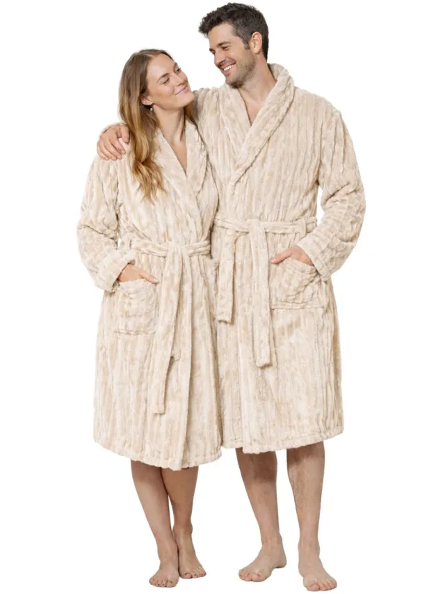 Relax Company Badjas Unisex Geribbelde Teddy Stof - Badjas Dames - Badjas Heren - Sjaalkraag - Fluweelzacht Fleece - Beige beige rib