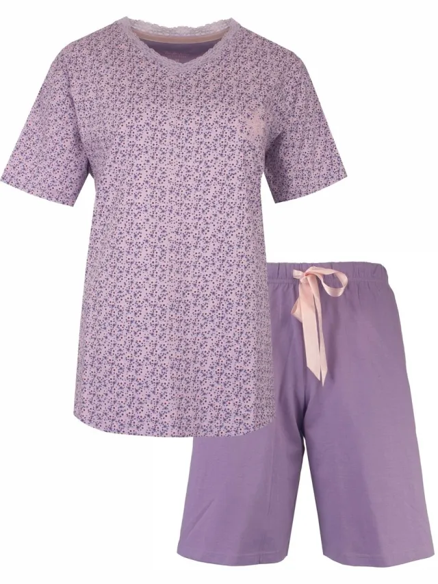 Tenderness Dames Shortama - Pyjama Set - Bloemetjesprint - Lila Paars