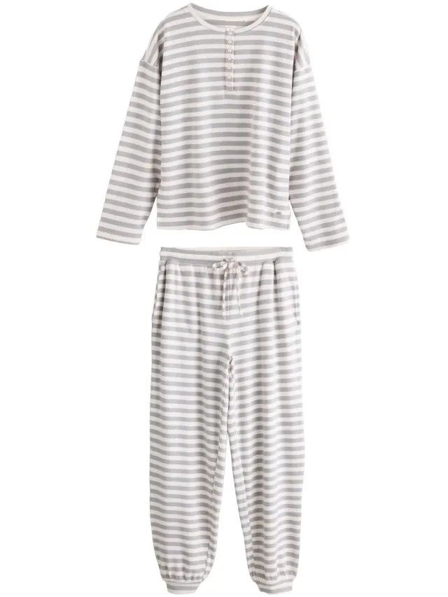 Next Dames - Behaaglijke Henley-pyjama van wafelstof met lange mouwen - Grijs Grey Stripe