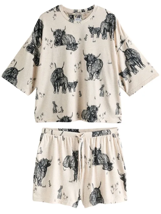 Next Dames - Behaaglijke korte pyjamaset - Crème Oatmeal Hamish The Highland Cow