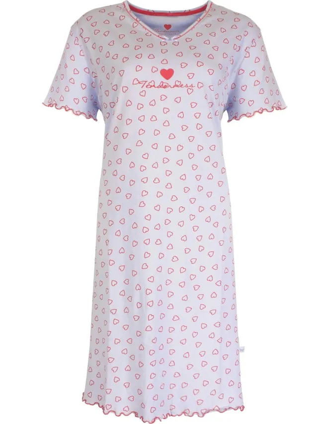 Tenderness Dames Nachthemd - Slaapkleed - Hartjesprint - 100% Katoen - Licht Blauw