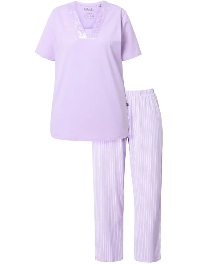 Ulla Popken Dames - Pyjama strepen V-hals halve mouwen - Zachtlavendel - Maat 42+