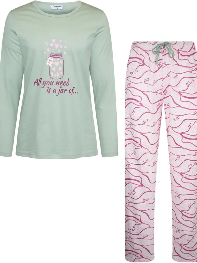 GAUBERT Essential Dames Pyjama Lange Mouw - Broek met Zakken - Premium Gekamd Katoen - All you need is a jar of - Mintgroen - GB-2808 Lange Mouw Pyjama, Mintgroen, All you need is a jar of
