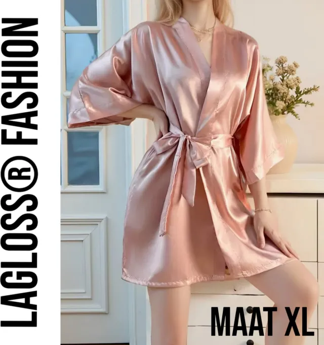 LaGloss Roze Dames Badjas – Elegante V-Hals met 3/4 Mouwen – Nachtkleding –