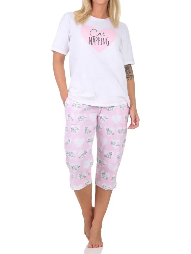 Normann dames pyjama met korte mouwen en capribroek pyjama met hart- en kattenmotief rosa