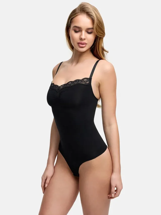 cfab Bodysuit met corrigerende werking en kant - Zwart - 3XL - Corrigerende Body - Naadlos - corrigerend ondergoed dames