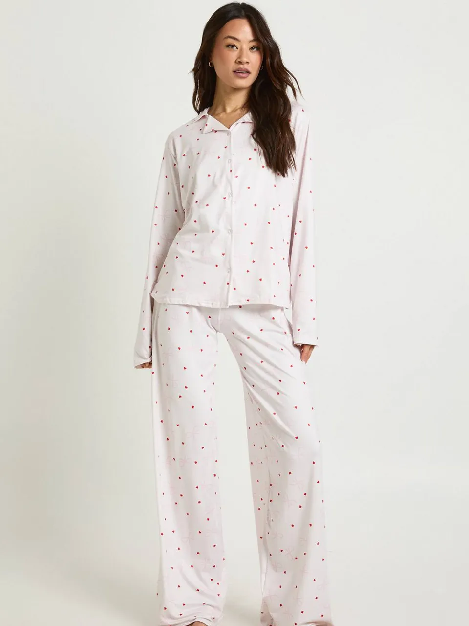 boohoo Dames Tall Bow & Hartprint Lange Mouw Top & Broek Pyjama Set lichtroze, foto 3