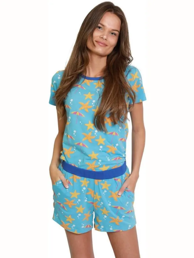Happy Snooz Happy Pyjama's | Shortama dames met shirt | Summer Beach - Parasols & zeesterren prints | Vrolijk, hip en moderne dames shortama | Maat M (S-XL) Blauw