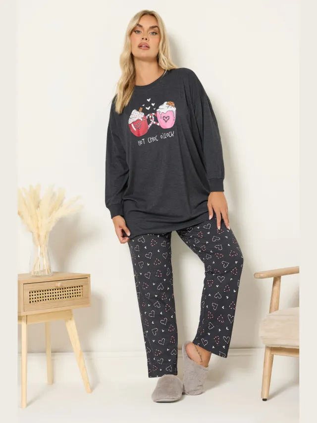 Yours Charcoal Grey 'Hot Choc O'clock' Pyjamaset Met Wijde Pijpen-44