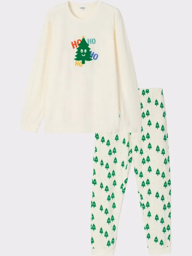 Woody pyjama unisex velours - gebroken wit - kerstboom - 243-18-CPA-V/111