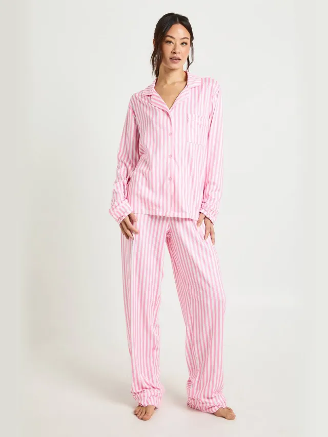 boohoo Dames Tall Snoepstreep Lange Mouw Shirt & Broek 3-Delige Pyjama Set Roze