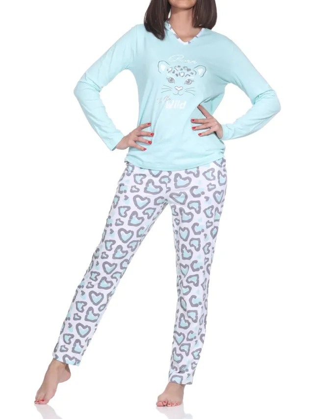 Normann dames pyjama lange mouw pyjama met dierenprintmotief – ook in grote maten türkis