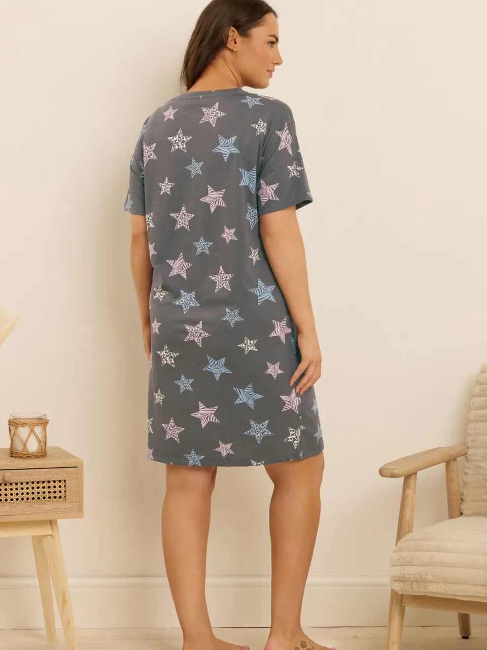 Yours Grijs Dieren Sterren Print Slaap Tshirt Nachthemd-56, foto 3