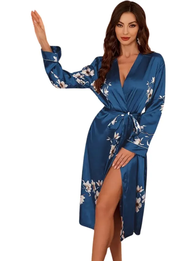 Livano Satijnen Badjas Dames - Kimono - Kamerjas - Satijn - Ochtendjas - Pyjama - Blauw