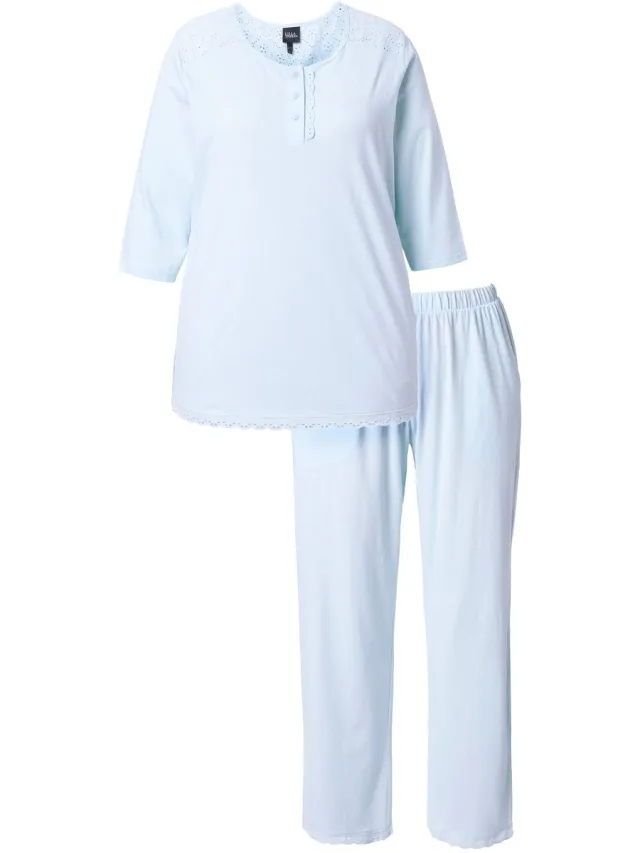 Ulla Popken Dames - pyjama ogenborduursel ronde hals siernaden 3/4-mouwen - Ijszeeblauw - Maat 50+