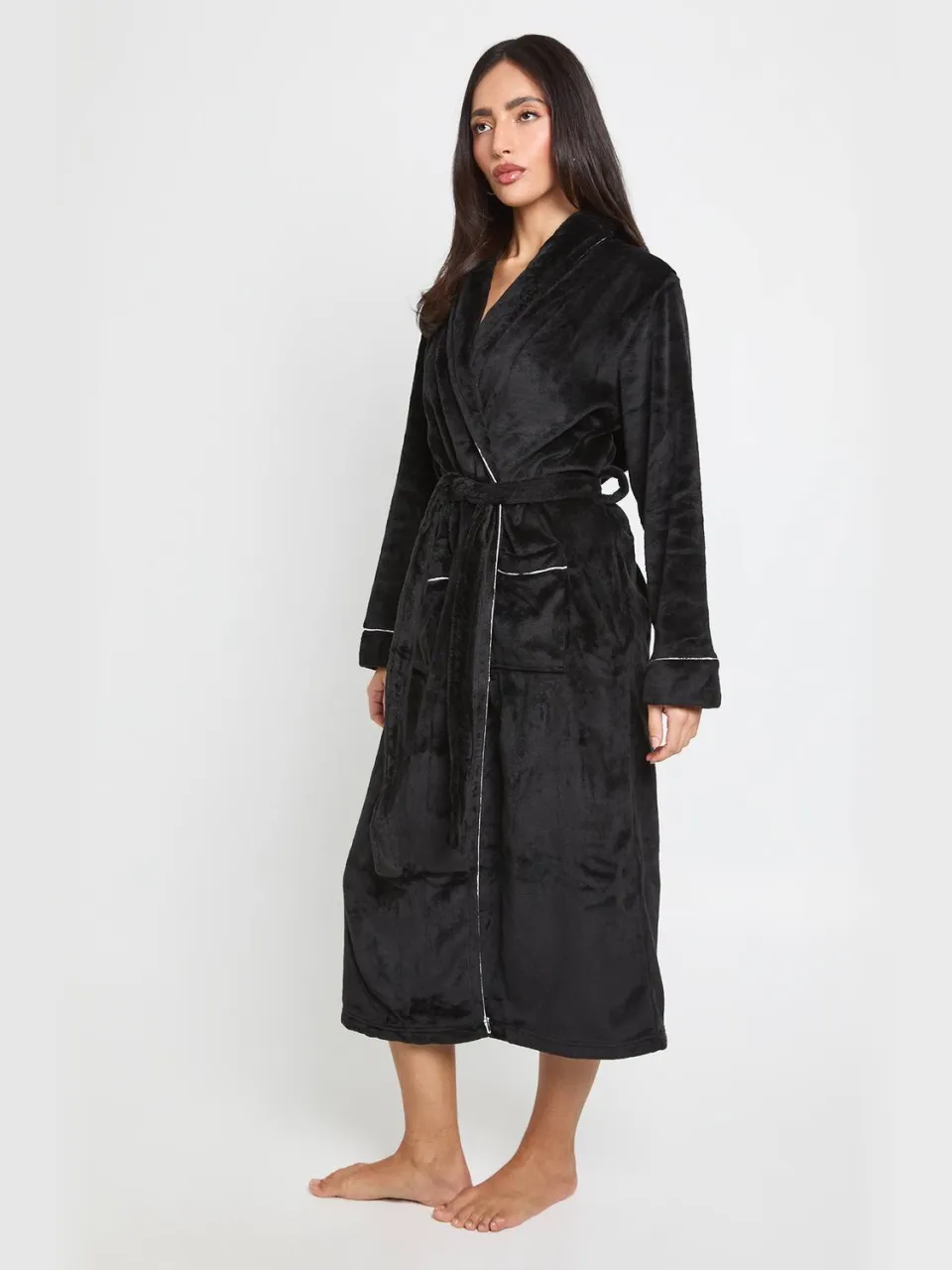 boohoo Dames Fleece Kamerjas Met Paspeldetail En Lange Lengte zwart, foto 2