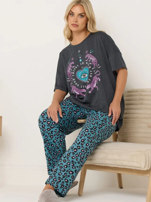 Yours Charcoal Grey Wild And Free Leopard Wide Leg Pyjama Set-56