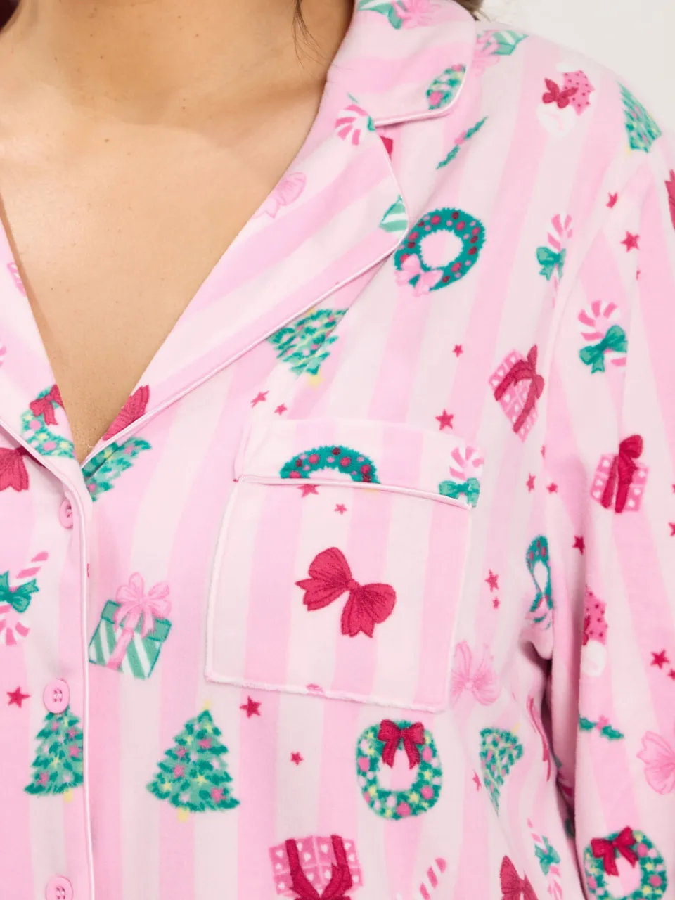 Yours Roze Gestreepte Lichtgewicht Fleece Pyjamaset Met Kerstprint-44, foto 5