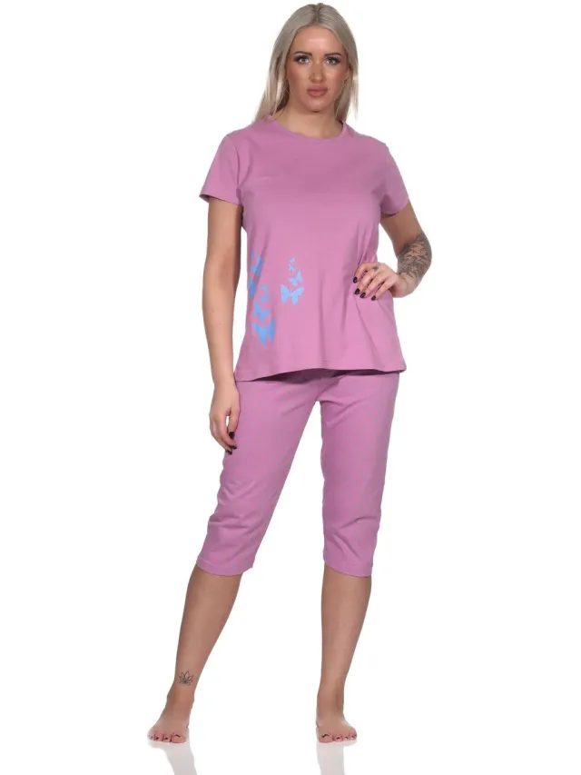 Normann damespyjama met korte mouwen en capri pyjamabroek in stippenlook altrose