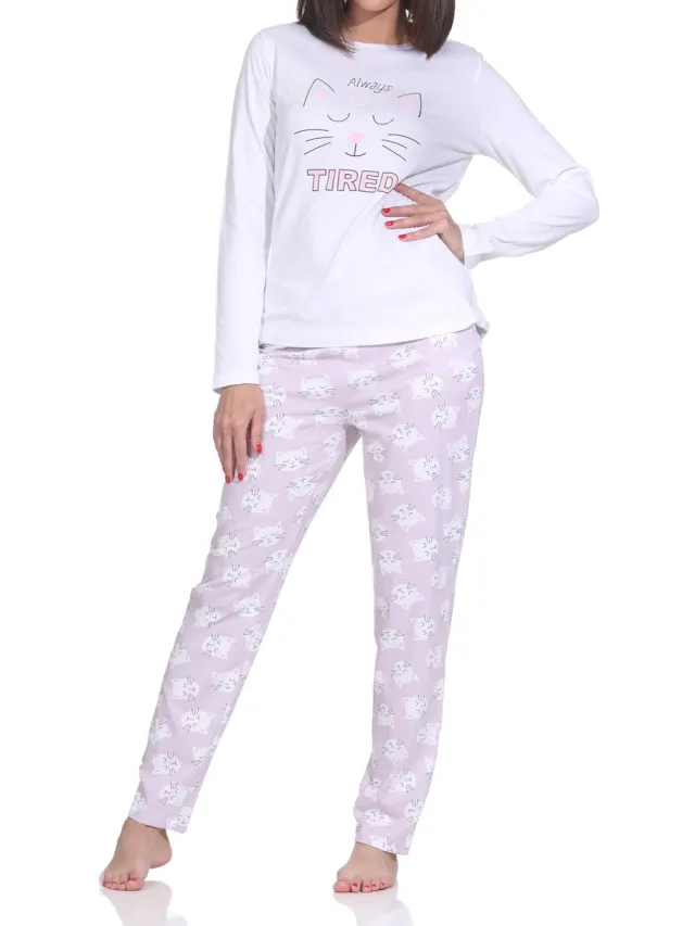 Normann dames pyjama met lange mouwen en kattenmotief – ook in grote maten flieder