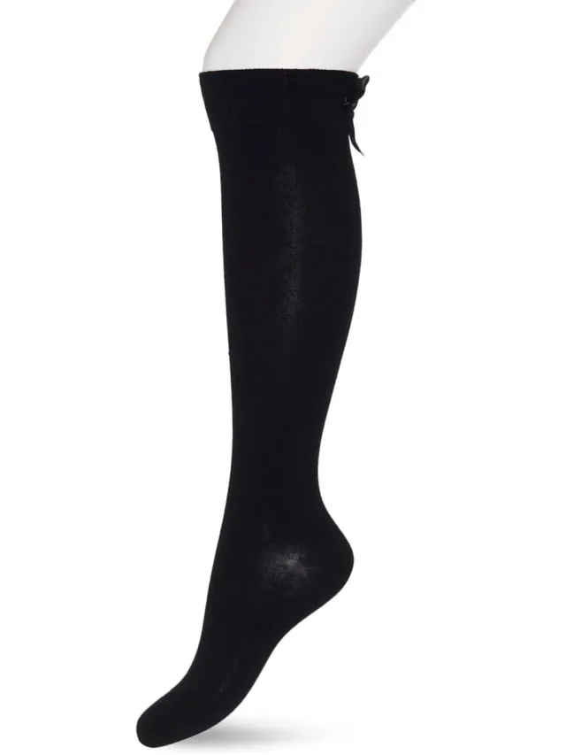 Bonnie Doon Dames Katoenen Kniekousen met Strik Zwart - Knie Kousen - Satijnen Strik - Knie Sokken - Uitstekend draagcomfort - Bow Knee High - Kniesokken - Zakt niet af - Black - BN851507.101