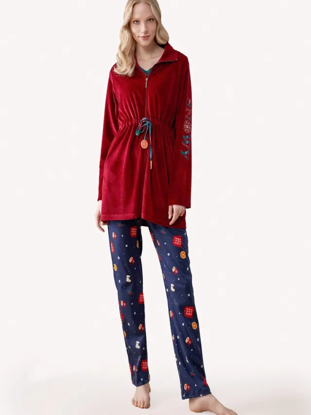 Feyza 3 Delige Pyjama Set Voor Dames, Lange Mouwen bordeaux