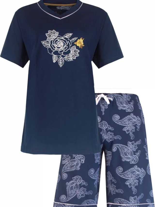 Medaillon Dames Shortama - Slaapset - 100% Gekamde Katoen - Marine Blauw met Roos