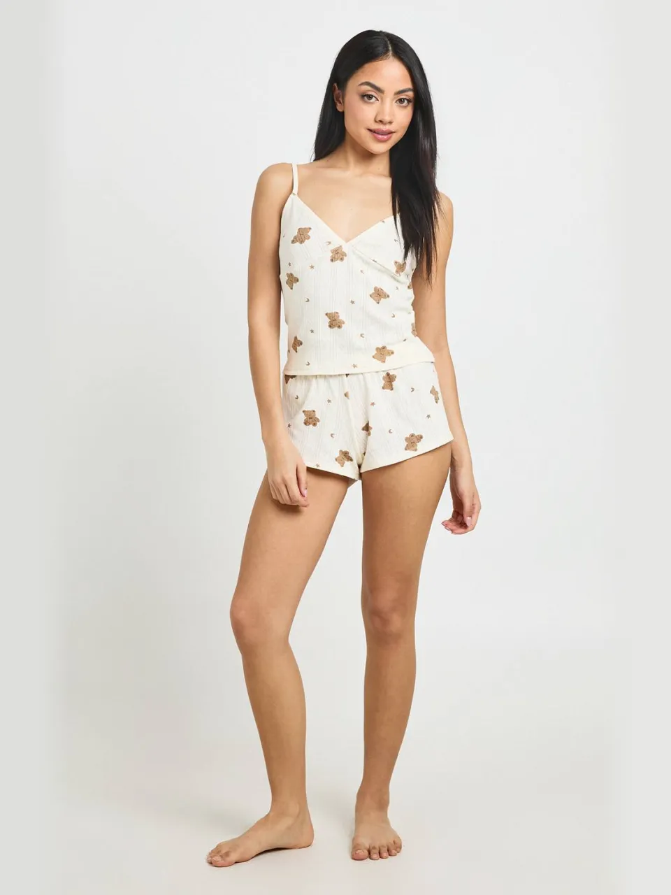 boohoo Dames Berenmotief Pointelle Pyjama Set Met Kanten Rand En Topje & Short crème, foto 2