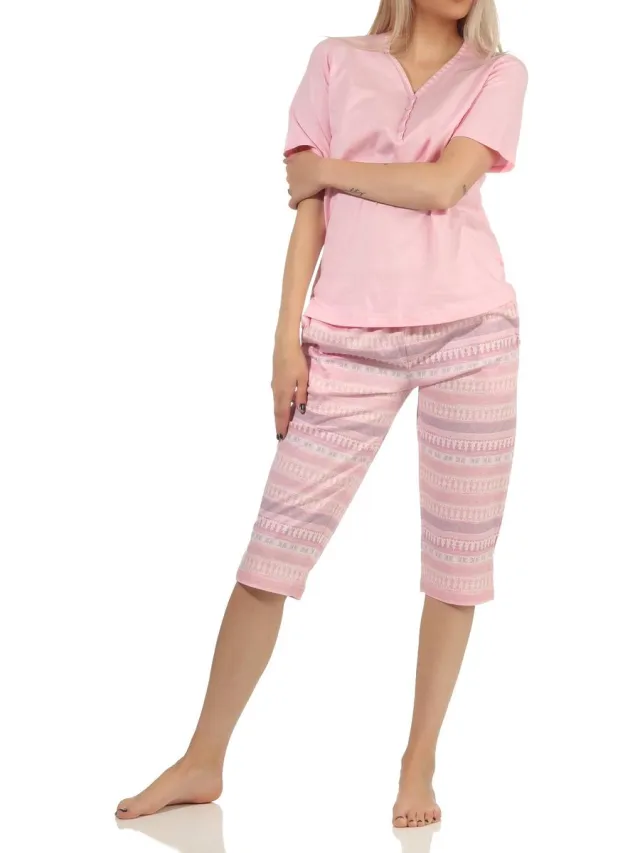Normann Damespyjama korte mouw met capri broek in etnische look - ook in overmaten rosa