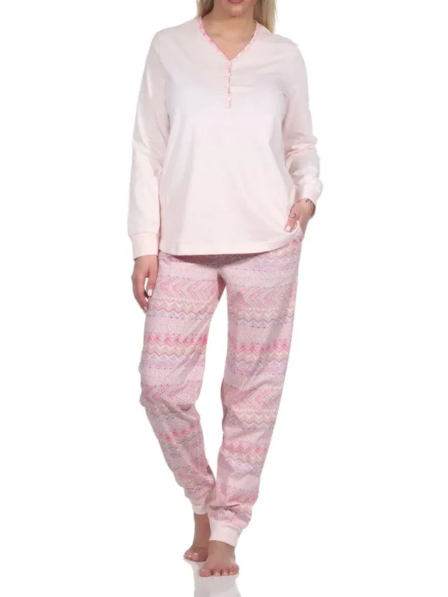 Normann damespyjama met lange mouwen en manchetten in Ethnolook - Ook in oversizes rosa