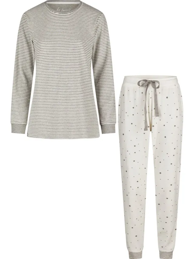 By Louise Dames Winter Pyjama Set Lang Badstof Gestreept Wit