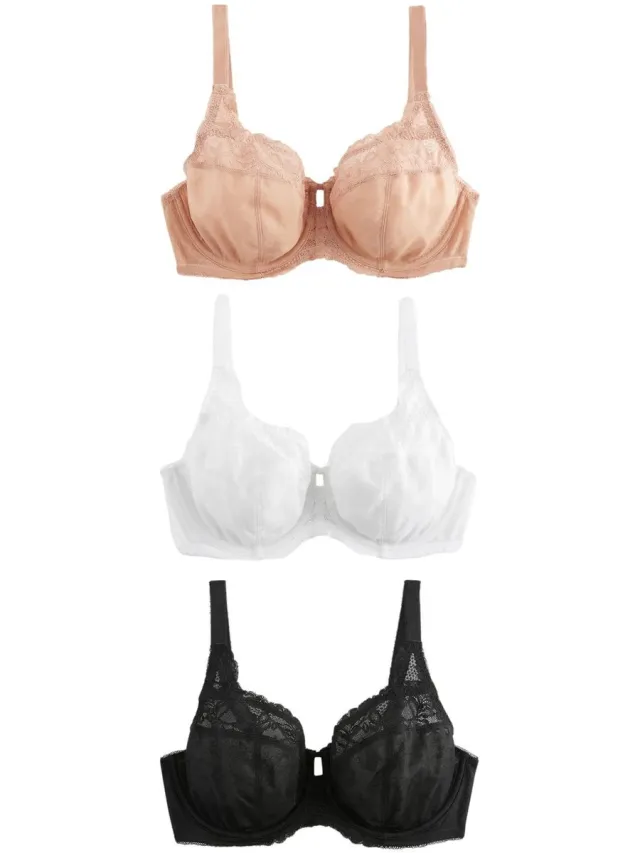 Next Dames - Set van 3 DD+ beha's met beugel, kanten rand en volledige cups zonder vulling - Zwart Black/White/Praline Nude