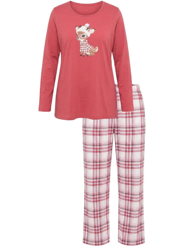 Ulla Popken Dames - Pyjama reekalfje ronde hals lange mouwen - Roodbruin - Maat 46+
