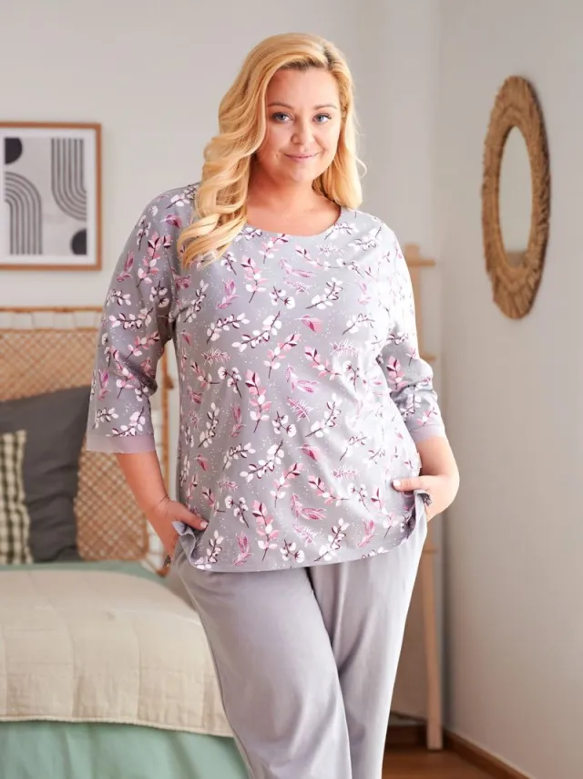 Doctor Nap Katoenen Pyjama Dames Volwassenen Lange Mouw Lange Broek Plus Size Bloemen Grey PM.5281 Grijs