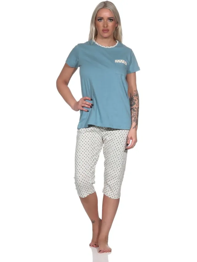 Normann damespyjama met korte mouwen en capri pyjamabroek in stippenlook blau