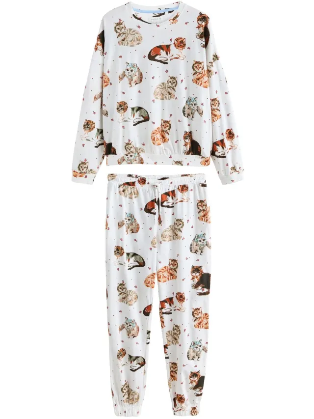 Next Dames - Pyjama met lange mouwen - Tall - Crème Cream Cats