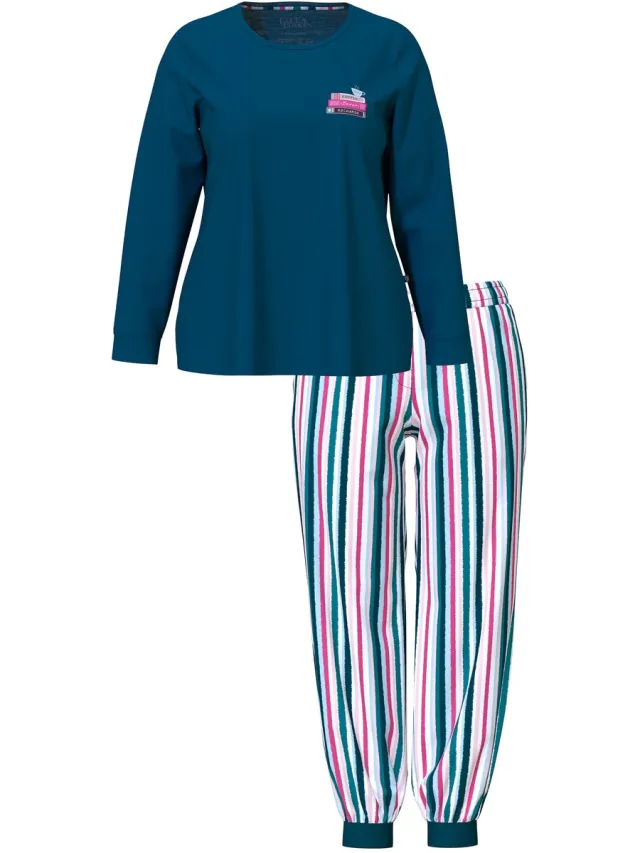 Ulla Popken Dames - Pyjama boek/strepen ronde hals lange mouwen - Donkerpetrol - Maat 42+