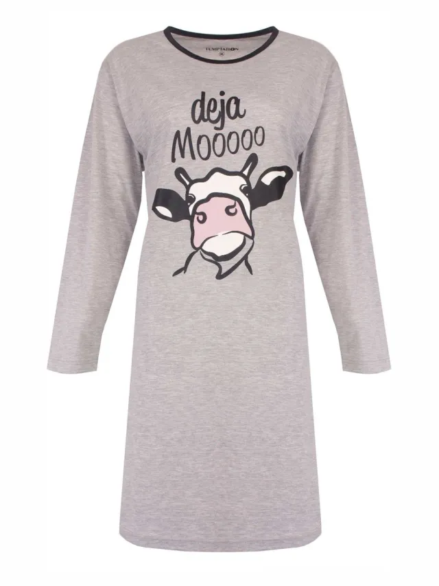 Temptation Dames Nachthemd - Bigshirt - Lange Mouw - Grijs Melange.