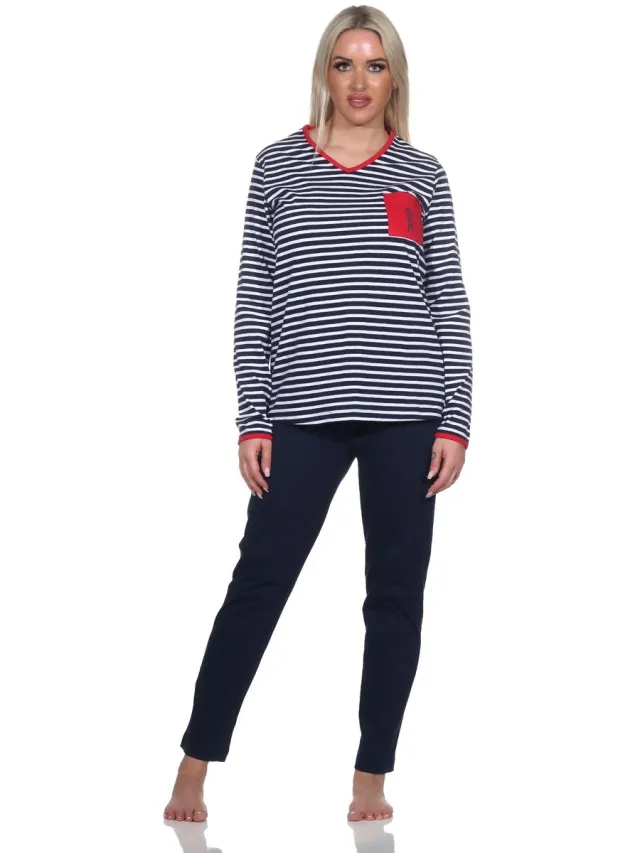 Normann Damespyjama in maritieme streepjeslook en vuurtorenmotief - ook in oversize marine