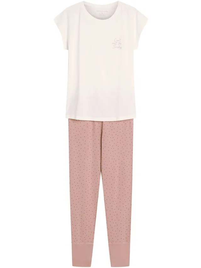 ESOTIQ Renya - Damespyjamaset - Korte mouwen - Lange broek - Crèmekleurig en roze Crème;Roze