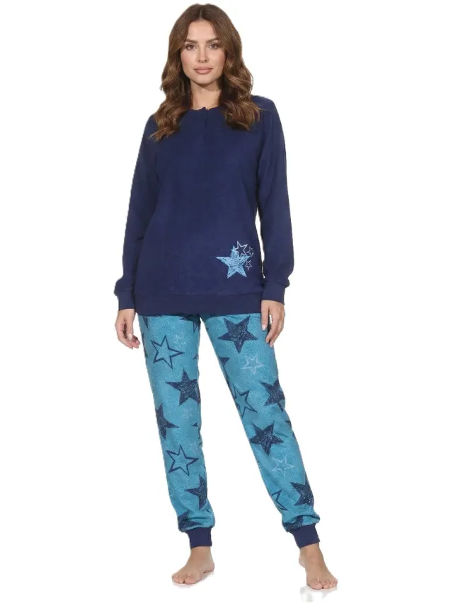 Normann dames badstof pyjama met lange mouwen in sterrendesign – ook in grote maten navy