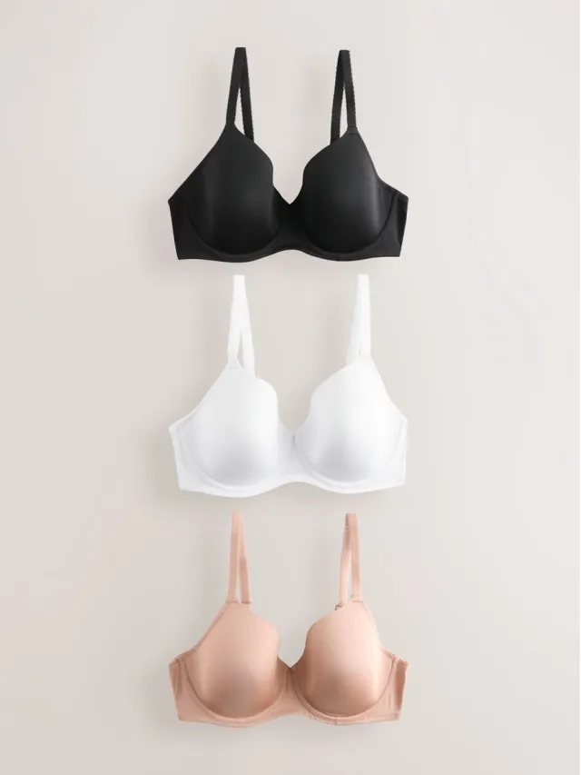 Next Dames - Set van 3 gladde DD+ T-shirtbeha's met lichte vulling en volledige cups - Zwart Black/White/Nude