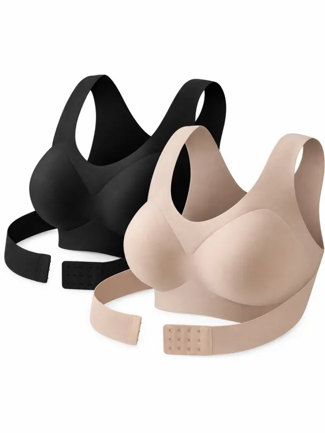 rimmo 2 Stuks Draadloze Houdingscorrigerende BH voor Dames – Naadloze Push-Up Bralette met Kruislingse Rugondersteuning en Postuurcorrectie voor Dagelijks Gebruik - Zwart En Beige