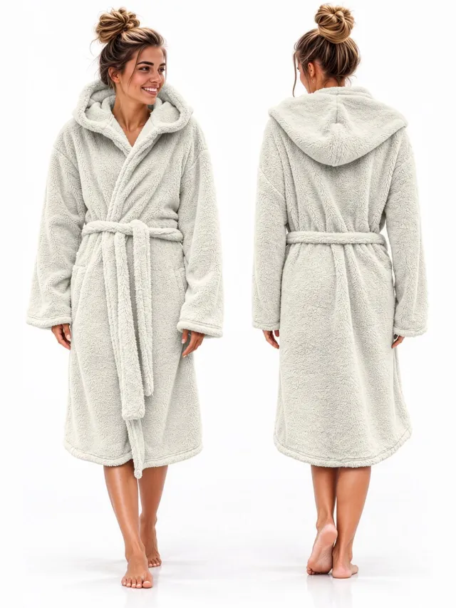 LINNICK Teddy Fleece Badjas met Capuchon inclusief Teddy Tas - Off White - M - Badjas Dames - Badjas Heren ecru / ivoor