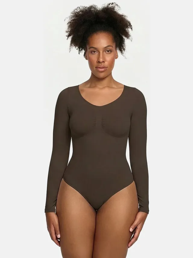 cfab Bodysuit met corrigerende werking, lange mouwen en strik - Bruin