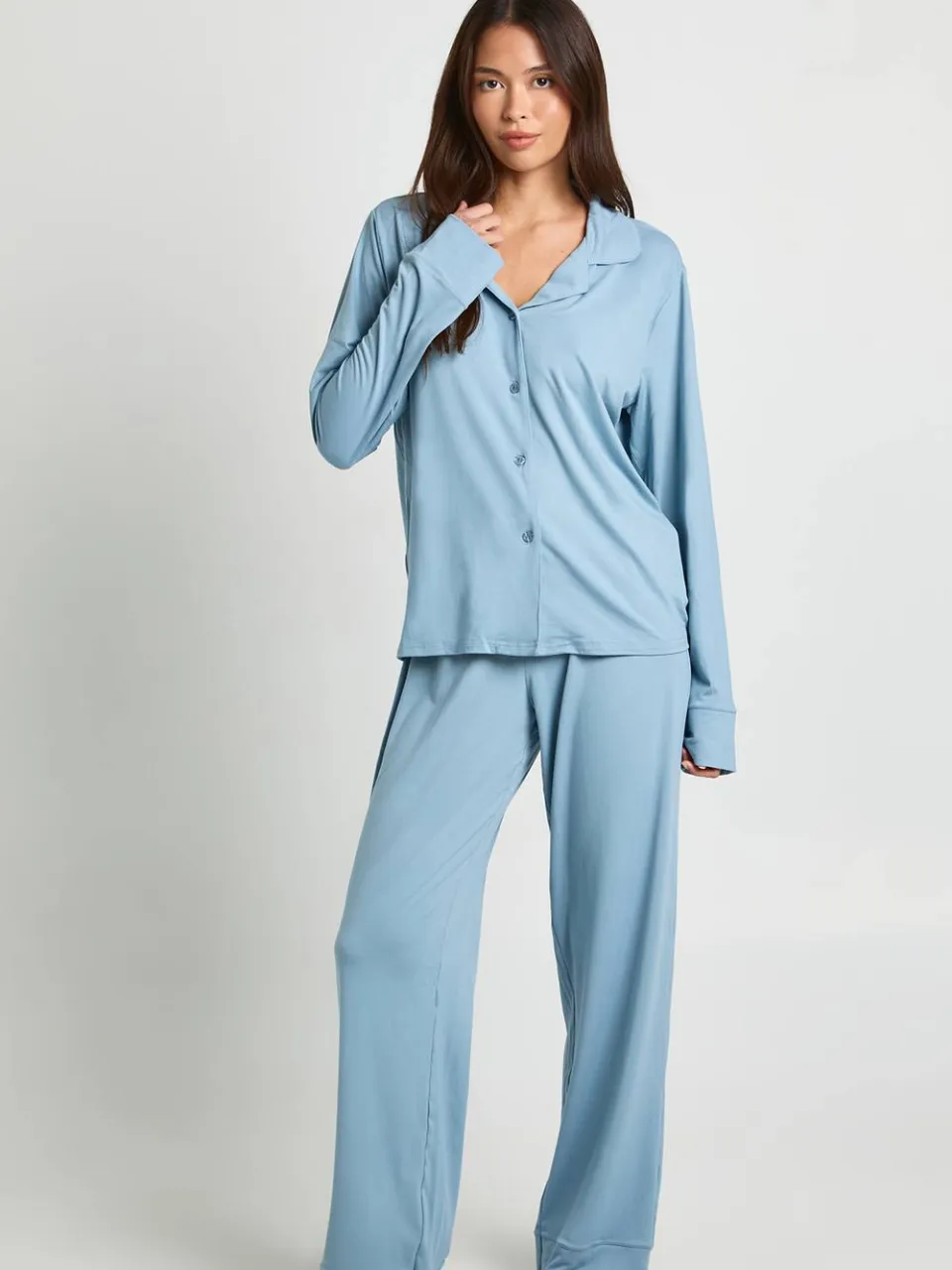 boohoo Dames Zachte Touch Button-Through Overhemd en Broek Pyjamaset stoffig blauw, foto 3